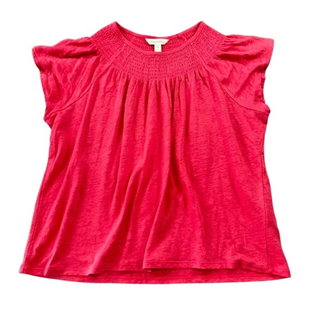 Garnet Hill Size‎ Large Pink 100% Organic Linen Smocked Neck Flutter Sleeve Top